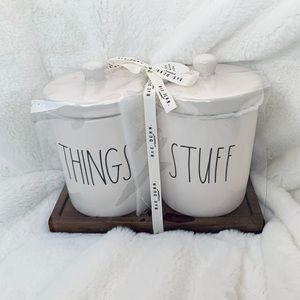 Rae Dunn | “Things” and “Stuff” Ceramic Container with Lids & Wood Tray | BNWT